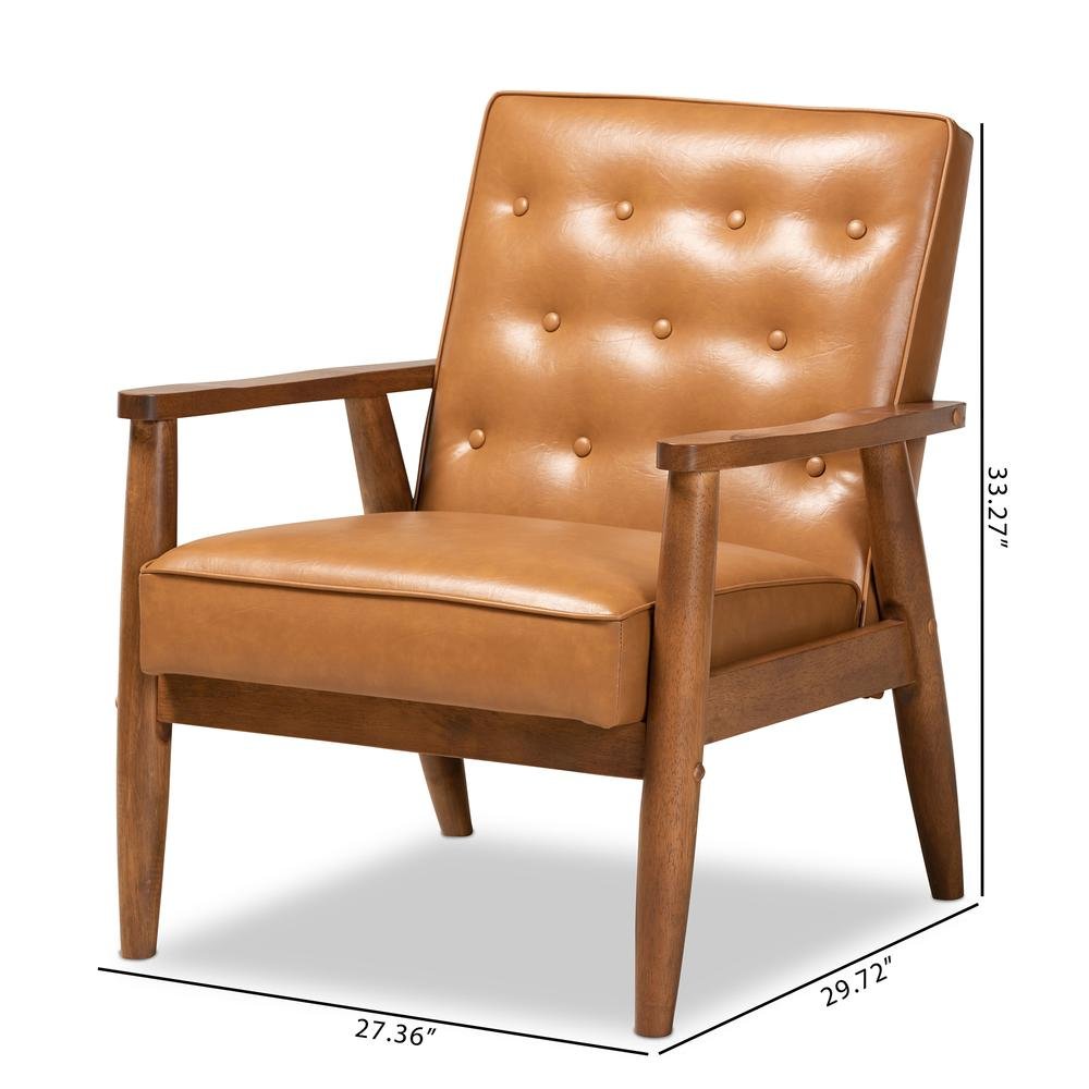 Leather Upholstered and Walnut Brown Finished Wood Lounge Chair