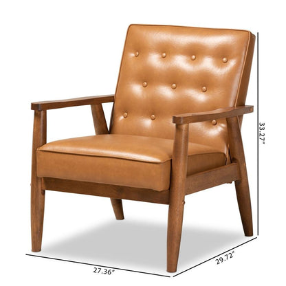 Leather Upholstered and Walnut Brown Finished Wood Lounge Chair