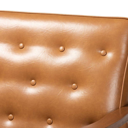 Leather Upholstered and Walnut Brown Finished Wood Loveseat