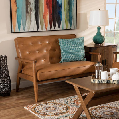Leather Upholstered and Walnut Brown Finished Wood Loveseat