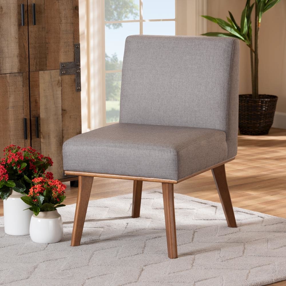 Grey Fabric Upholstered and Walnut Brown Finished Wood Dining Chair