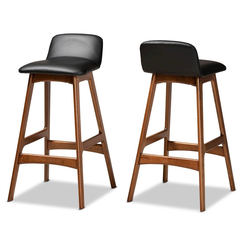 Leather Upholstered and Walnut Brown Finished Wood 2-Piece Bar Stool Set
