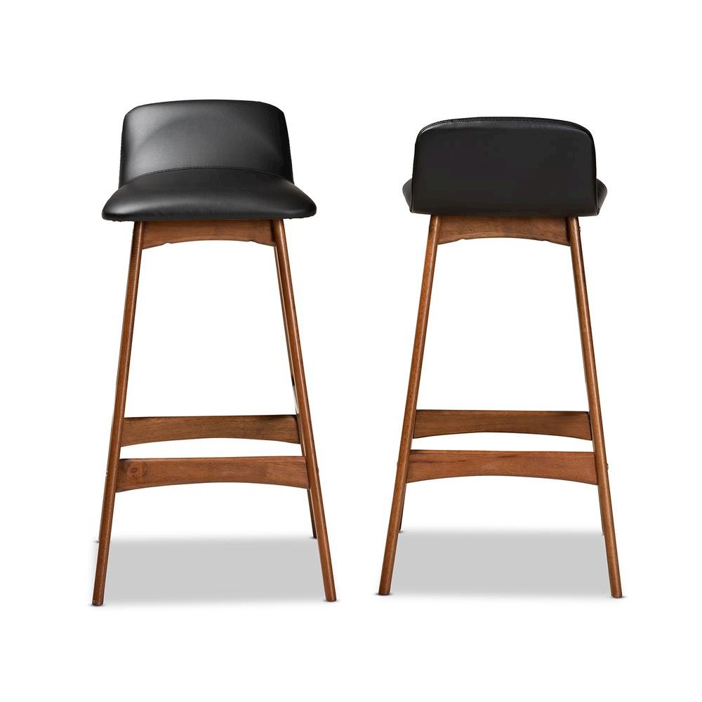 Leather Upholstered and Walnut Brown Finished Wood 2-Piece Bar Stool Set