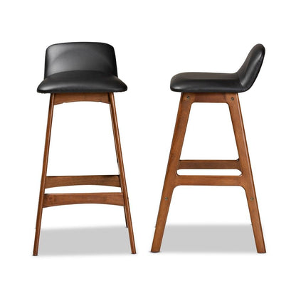 Leather Upholstered and Walnut Brown Finished Wood 2-Piece Bar Stool Set