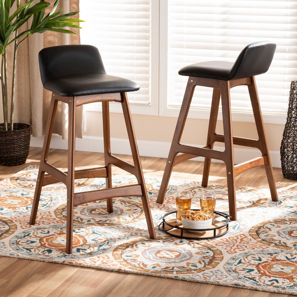 Leather Upholstered and Walnut Brown Finished Wood 2-Piece Bar Stool Set