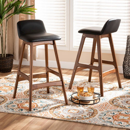 Leather Upholstered and Walnut Brown Finished Wood 2-Piece Bar Stool Set