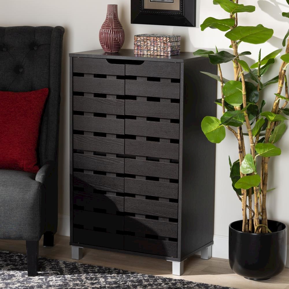 Dark Brown Finished Wood 2-Door Shoe Storage Cabinet