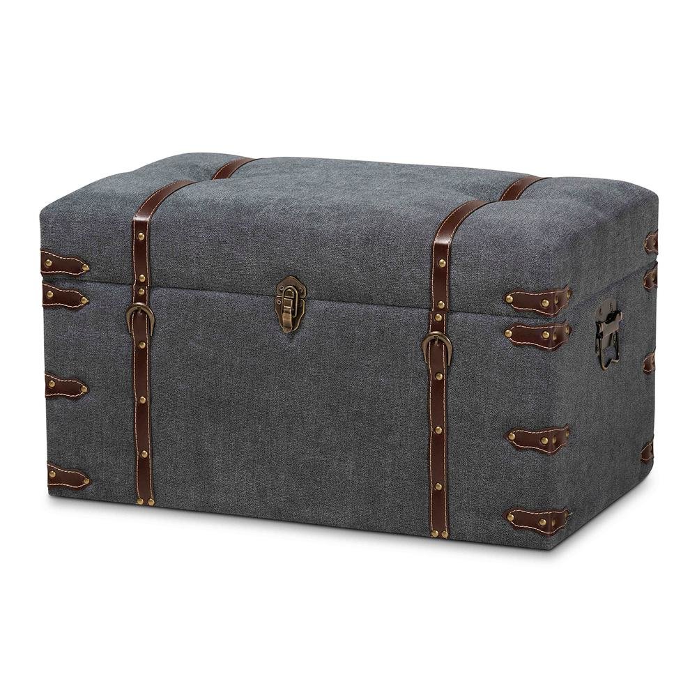 Transitional Grey Fabric Upholstered Storage Trunk Ottoman