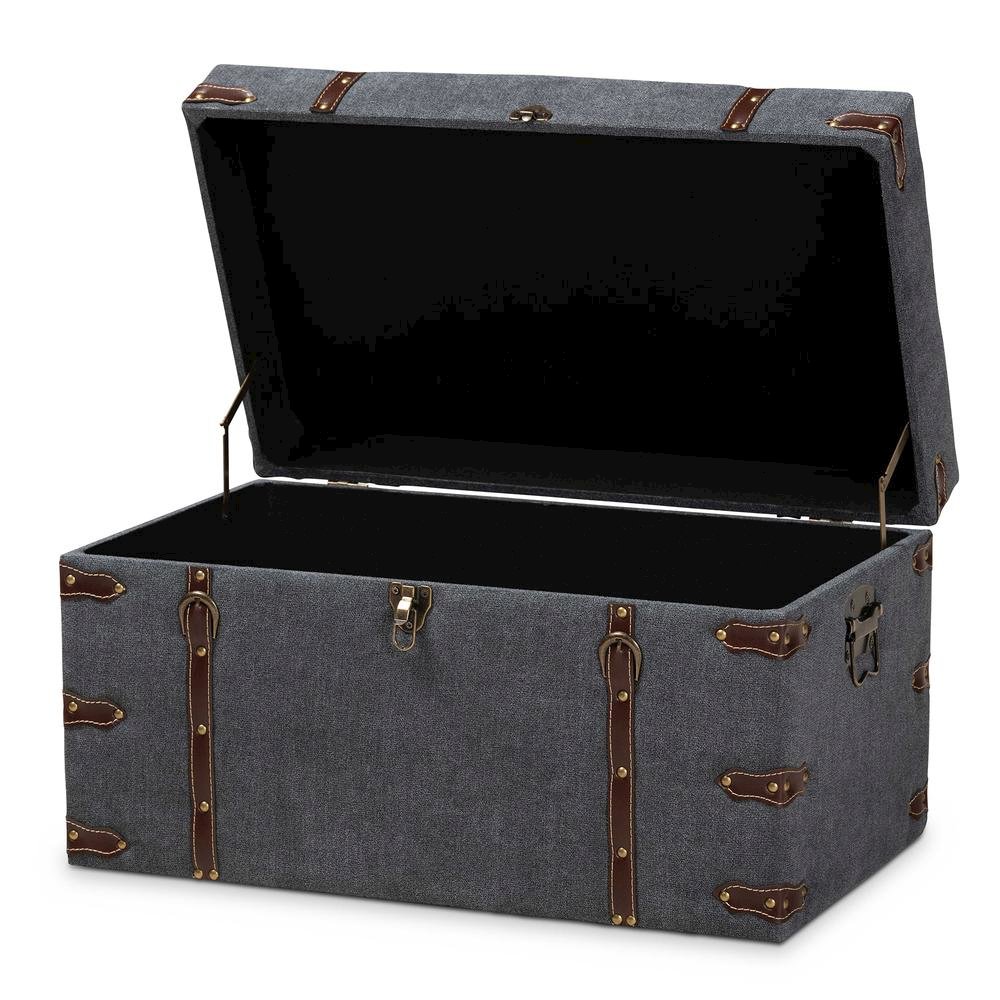 Transitional Grey Fabric Upholstered Storage Trunk Ottoman