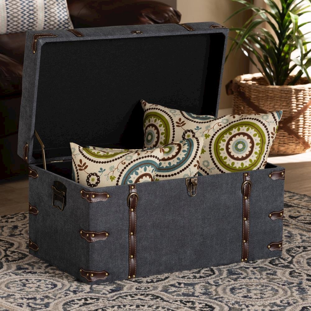 Transitional Grey Fabric Upholstered Storage Trunk Ottoman