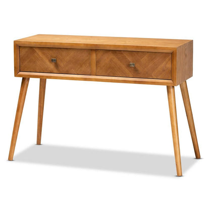 Mae Mid-Century Modern Natural Brown Finished Wood 2-Drawer Console Table