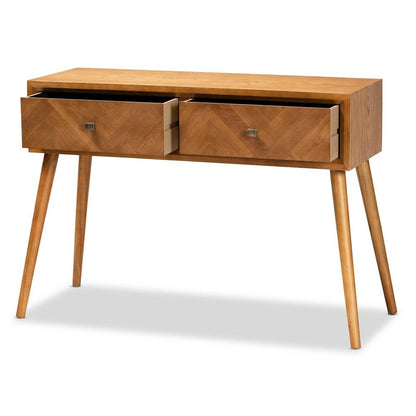 Mae Mid-Century Modern Natural Brown Finished Wood 2-Drawer Console Table