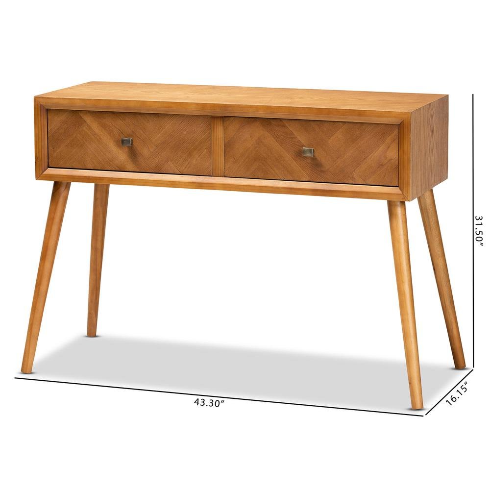 Mae Mid-Century Modern Natural Brown Finished Wood 2-Drawer Console Table