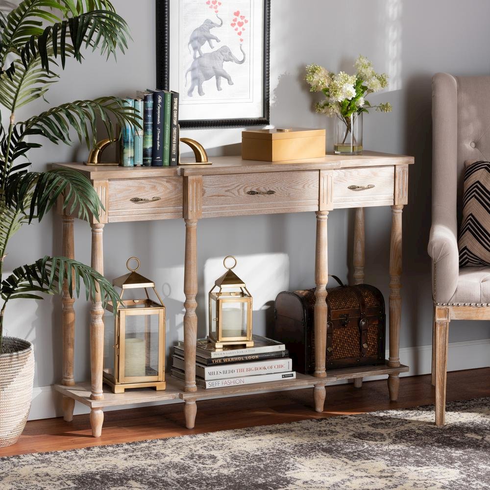 Provincial Rustic Whitewashed Oak Brown Finished Wood 3-Drawer Console Table