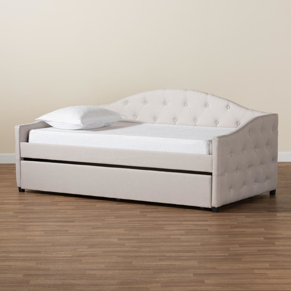 Transitional Beige Fabric Upholstered Twin Size Daybed with Trundle