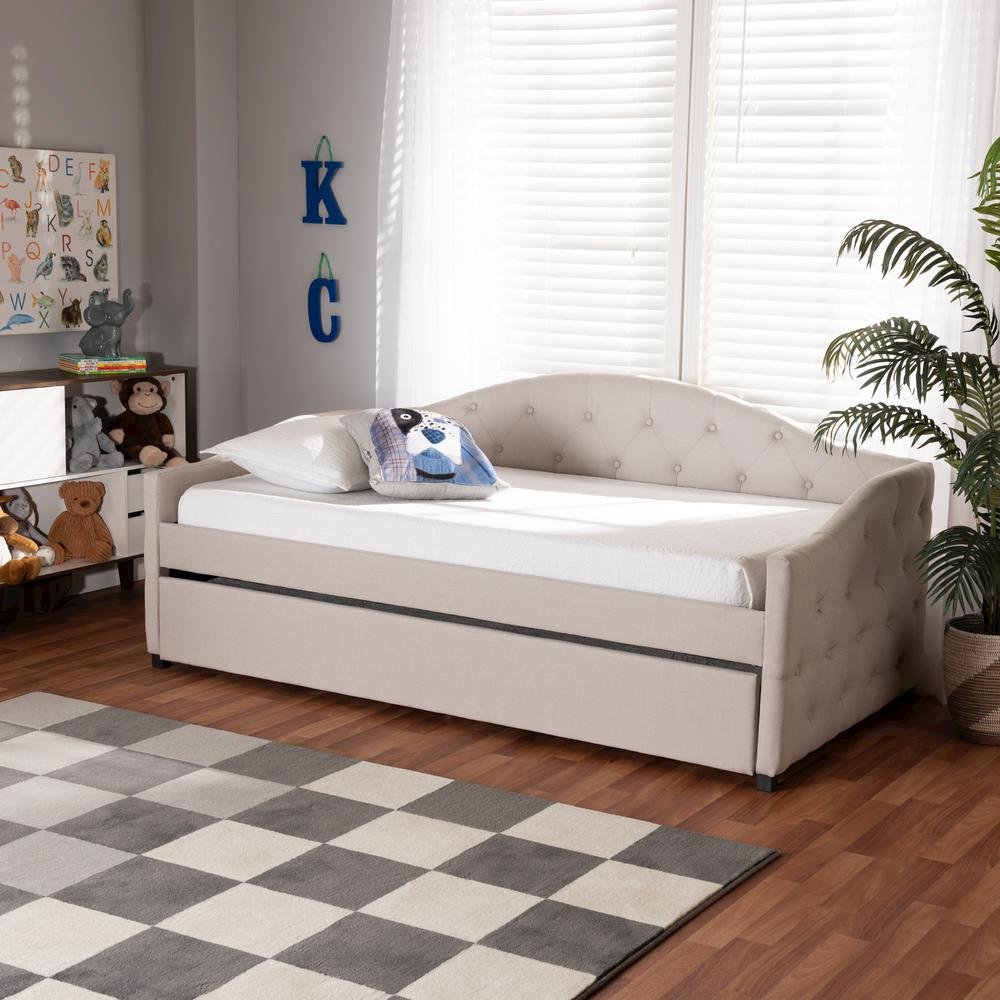 Transitional Beige Fabric Upholstered Twin Size Daybed with Trundle