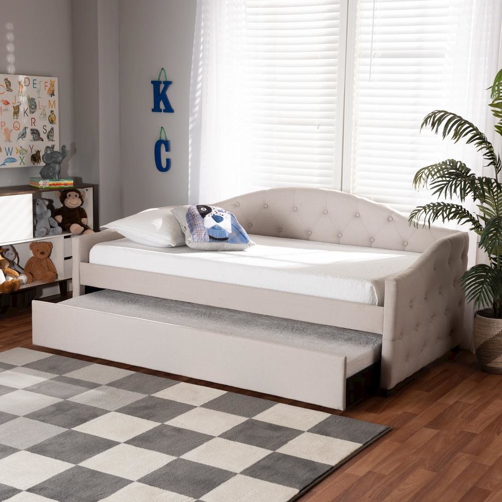 Transitional Beige Fabric Upholstered Twin Size Daybed with Trundle