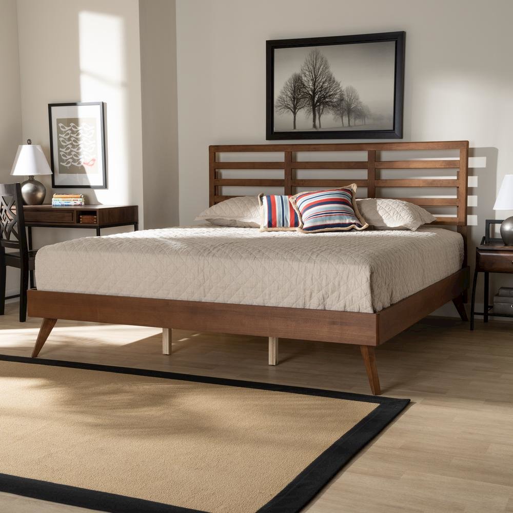 Shiro Mid-Century Modern Ash Walnut Finished Wood King Size Platform Bed