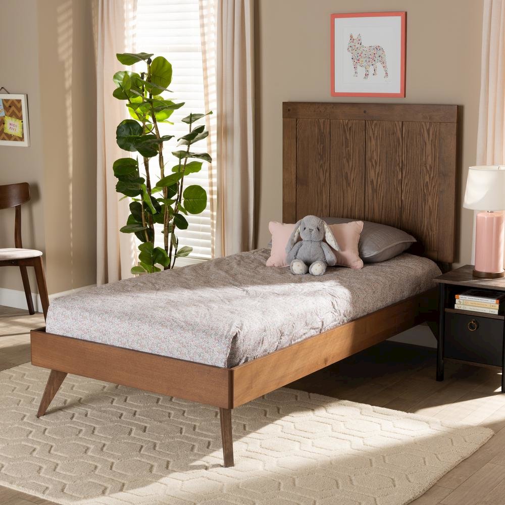 Transitional Ash Walnut Finished Wood Twin Size Platform Bed