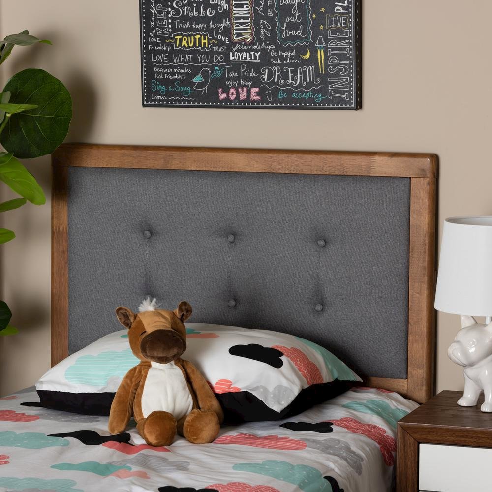 Dark Grey Fabric Upholstered and Walnut Brown Finished Wood Twin Size Headboard