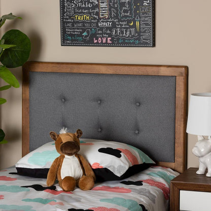 Dark Grey Fabric Upholstered and Walnut Brown Finished Wood Twin Size Headboard