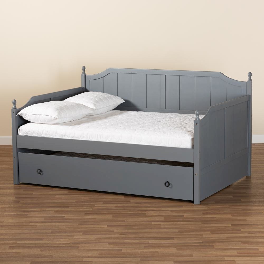 Grey Finished Wood Full Size Daybed with Twin Size Trundle