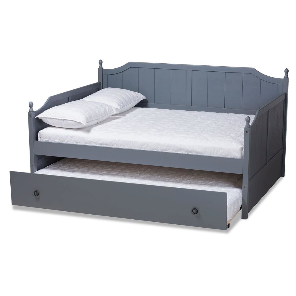 Grey Finished Wood Full Size Daybed with Twin Size Trundle