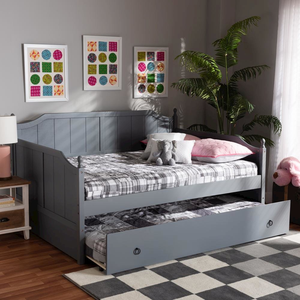 Grey Finished Wood Full Size Daybed with Twin Size Trundle