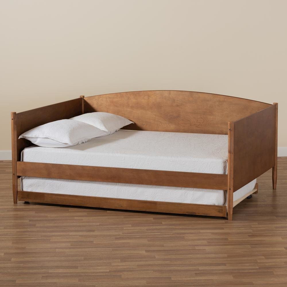 Veles Mid-Century Modern Ash Walnut Finished Wood Full Size Daybed with Trundle