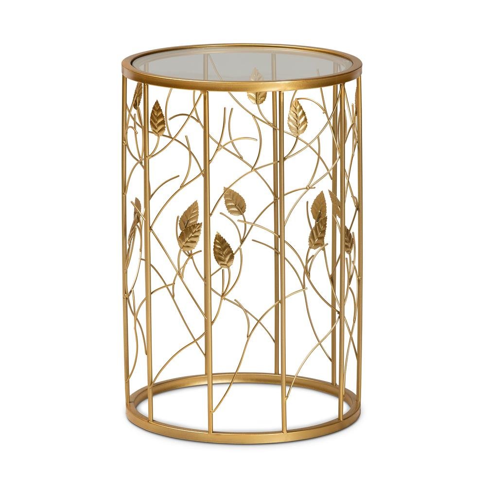 Glam Brushed Gold Finished Metal and Glass Leaf Accent End Table