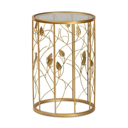 Glam Brushed Gold Finished Metal and Glass Leaf Accent End Table