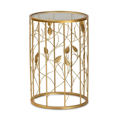 Glam Brushed Gold Finished Metal and Glass Leaf Accent End Table