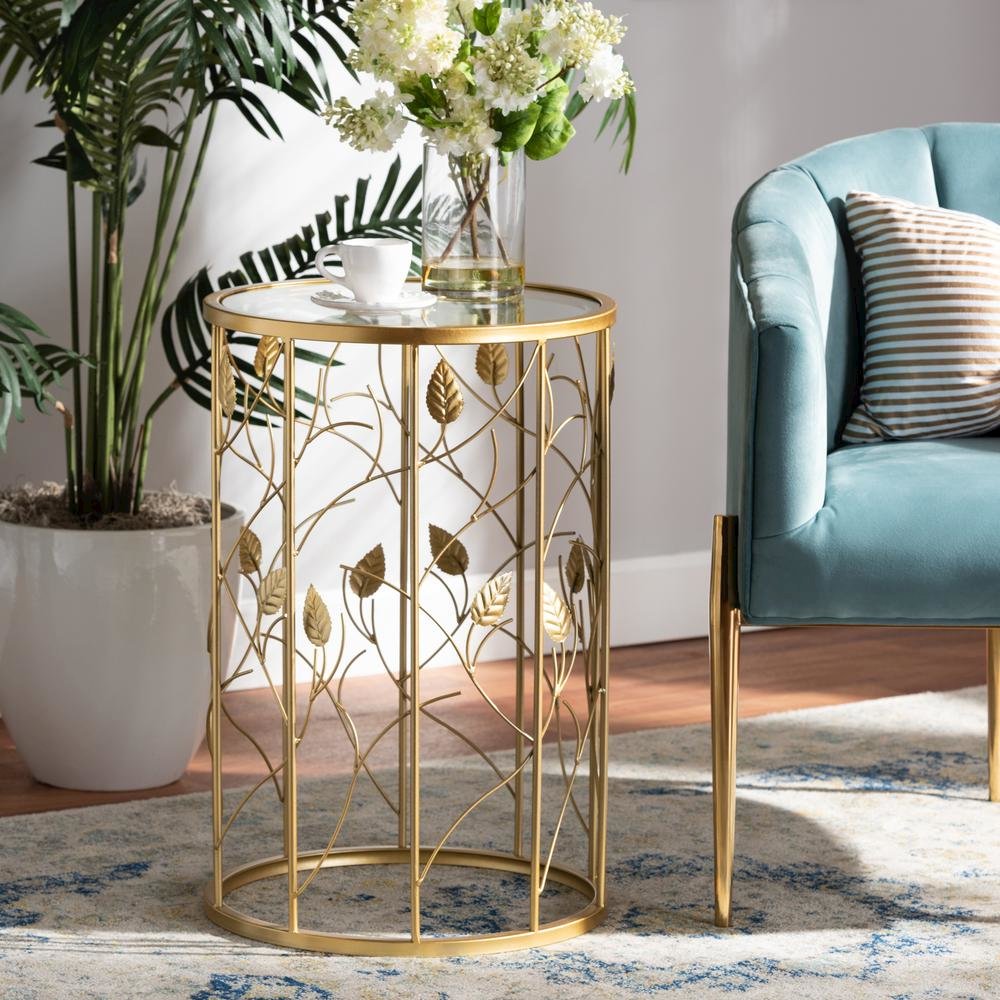 Glam Brushed Gold Finished Metal and Glass Leaf Accent End Table