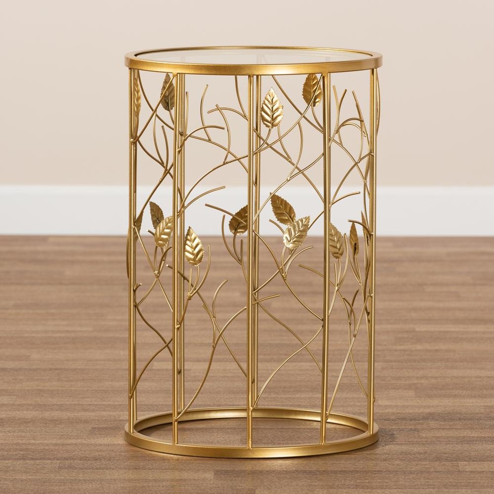 Glam Brushed Gold Finished Metal and Glass Leaf Accent End Table