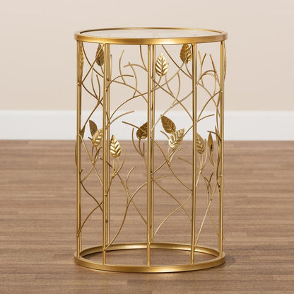 Glam Brushed Gold Finished Metal and Glass Leaf Accent End Table
