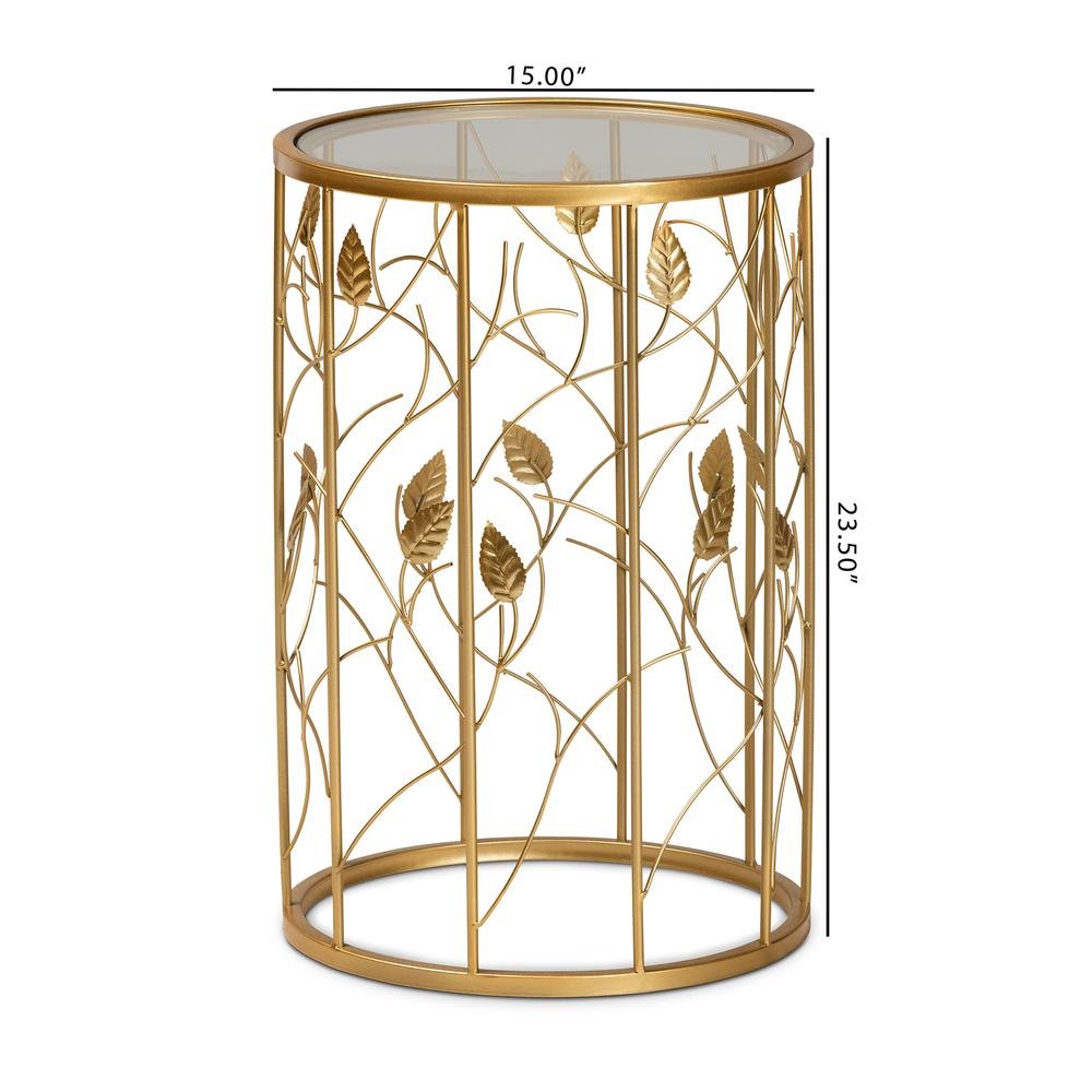 Glam Brushed Gold Finished Metal and Glass Leaf Accent End Table