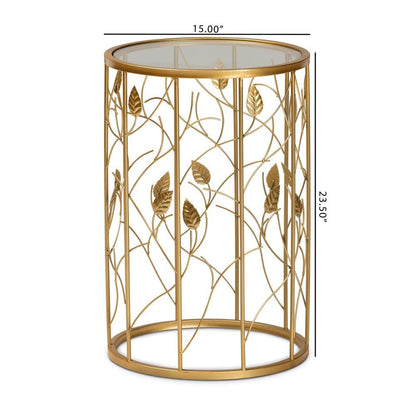 Glam Brushed Gold Finished Metal and Glass Leaf Accent End Table