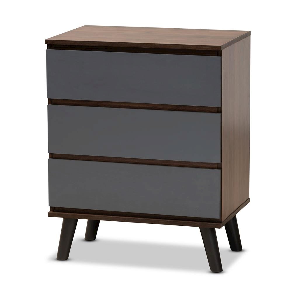 Two-Tone Walnut and Grey Finished Wood 3-Drawer Bedroom Chest