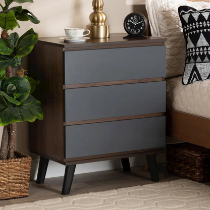 Two-Tone Walnut and Grey Finished Wood 3-Drawer Bedroom Chest