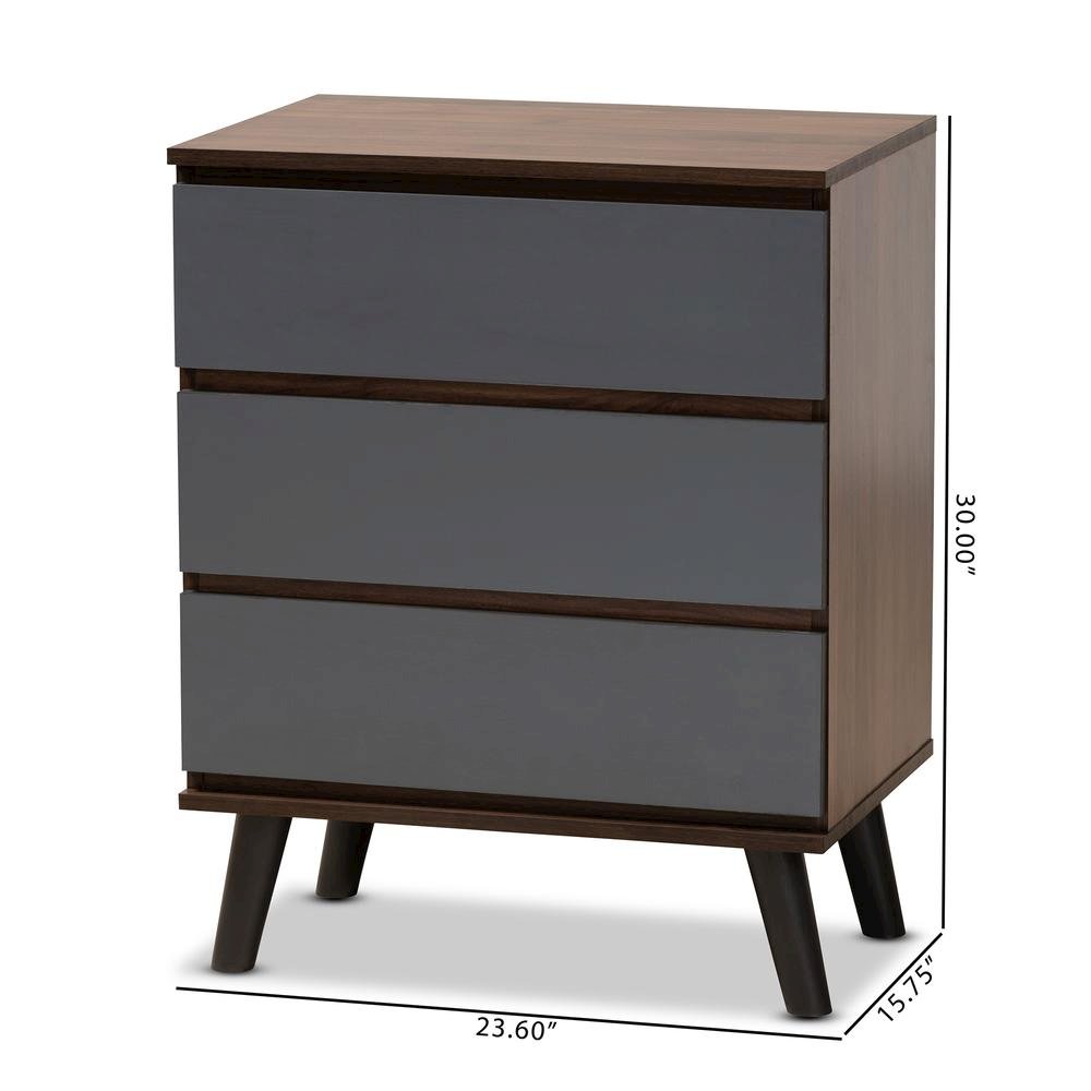 Two-Tone Walnut and Grey Finished Wood 3-Drawer Bedroom Chest