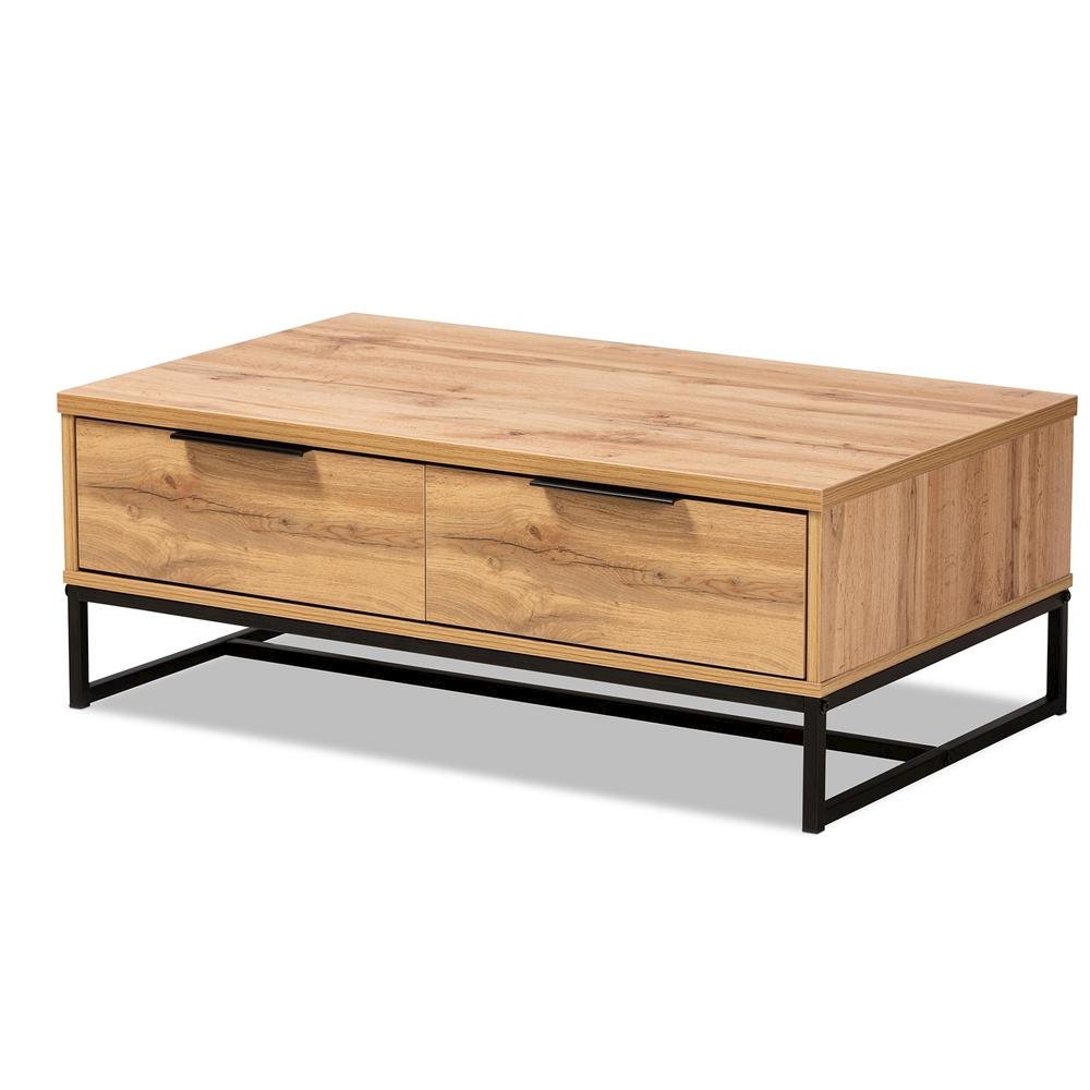 Oak Brown Finished Wood and Black Finished Metal 2-Drawer Coffee Table