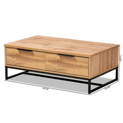 Oak Brown Finished Wood and Black Finished Metal 2-Drawer Coffee Table