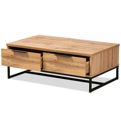 Oak Brown Finished Wood and Black Finished Metal 2-Drawer Coffee Table