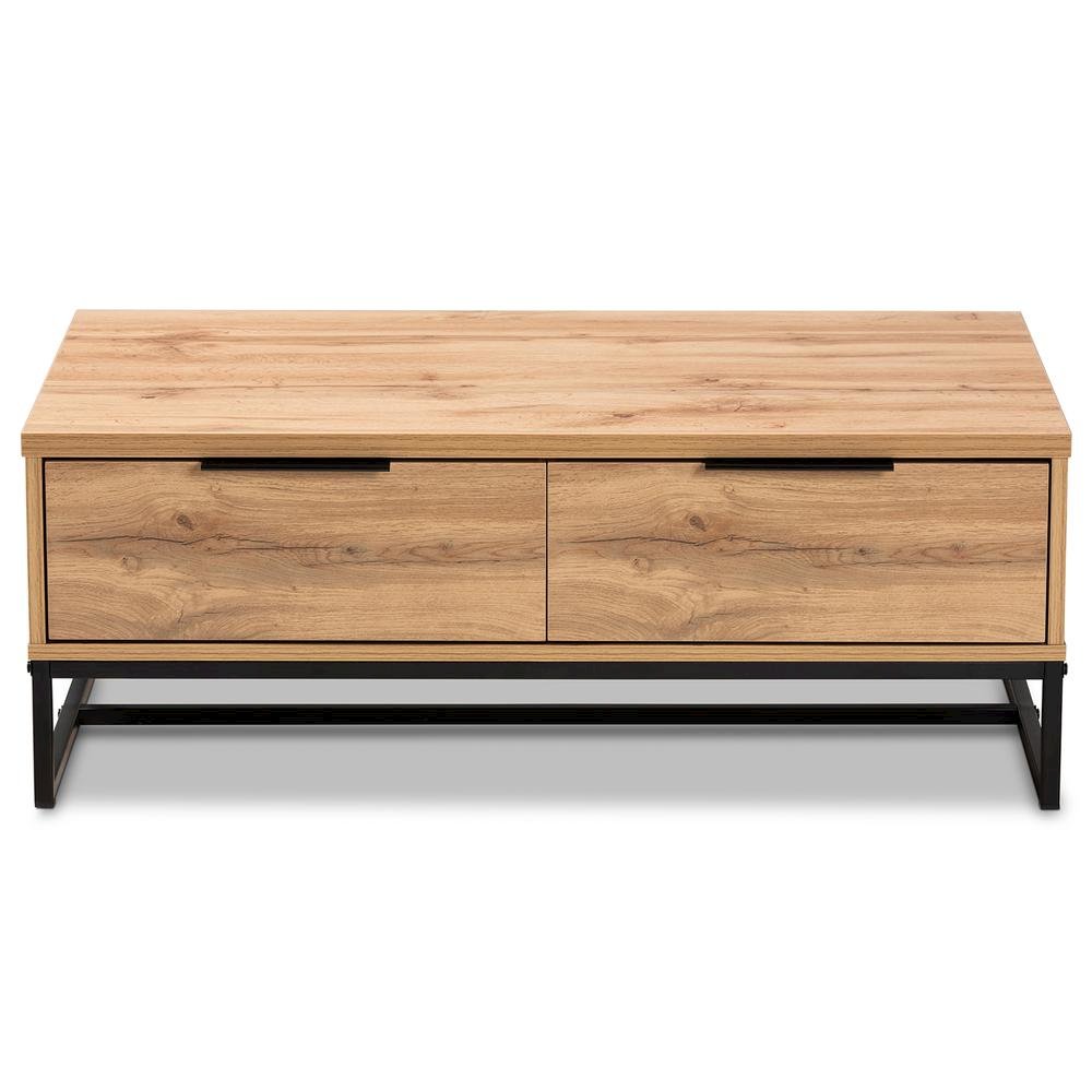 Oak Brown Finished Wood and Black Finished Metal 2-Drawer Coffee Table