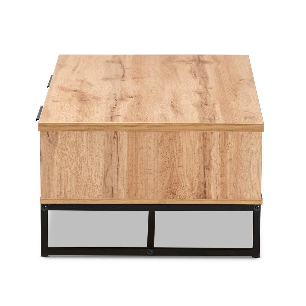 Oak Brown Finished Wood and Black Finished Metal 2-Drawer Coffee Table