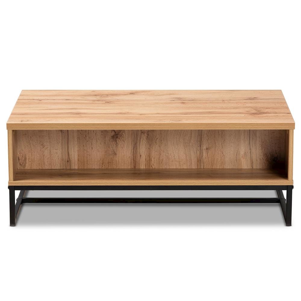 Oak Brown Finished Wood and Black Finished Metal 2-Drawer Coffee Table