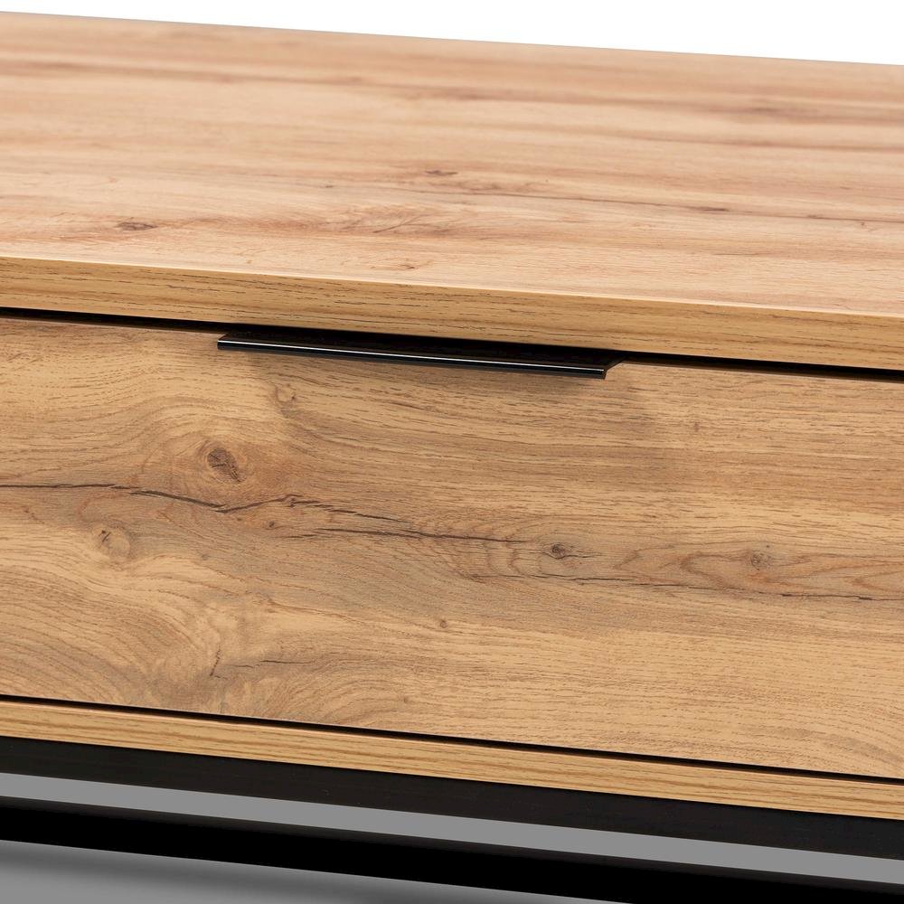 Oak Brown Finished Wood and Black Finished Metal 2-Drawer Coffee Table