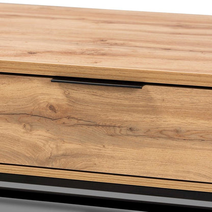 Oak Brown Finished Wood and Black Finished Metal 2-Drawer Coffee Table
