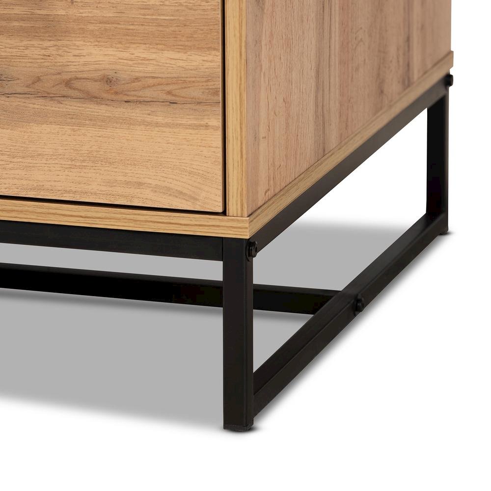 Oak Brown Finished Wood and Black Finished Metal 2-Drawer Coffee Table