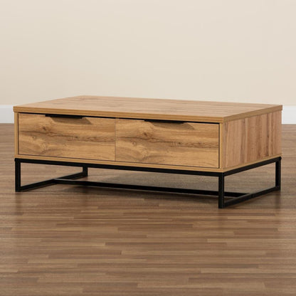 Oak Brown Finished Wood and Black Finished Metal 2-Drawer Coffee Table